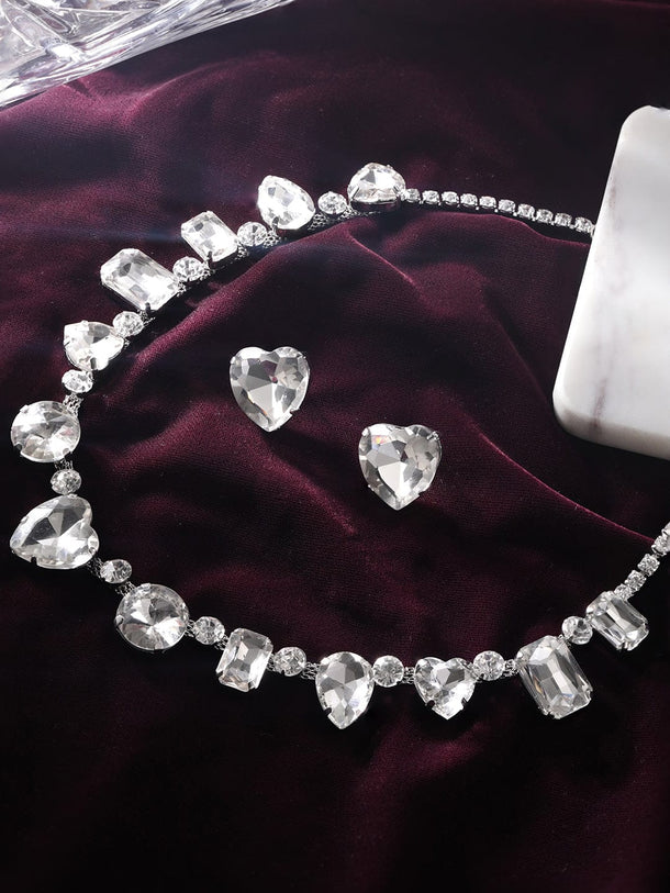 Rubans Rhodium-Plated White Crystal Zirconia Studded Jewellery Set Jewellery Set