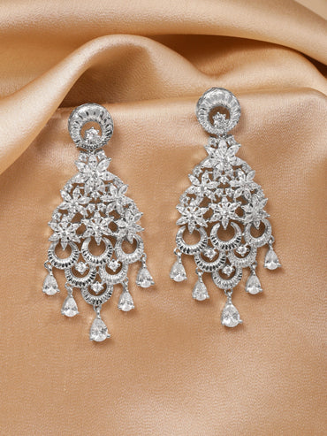 Rubans Rhodium-Plated White Cubic Zirconia Cascading Floral Chandelier Earrings Chandelier Earrings