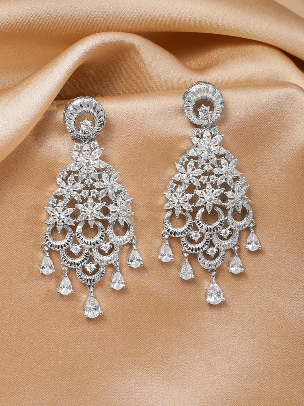 Rubans Rhodium-Plated White Cubic Zirconia Cascading Floral Chandelier Earrings Chandelier Earrings