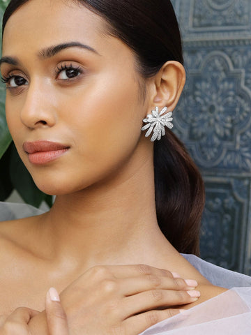 Rubans Rhodium-Plated White Cubic Zirconia Floral Glamorous Stud Earrings Earrings