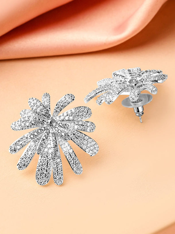 Rubans Rhodium-Plated White Cubic Zirconia Floral Glamorous Stud Earrings Earrings