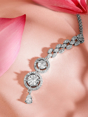 Rubans Rhodium Plated White Cubic Zirconia Maang Tikka Head Jewellery