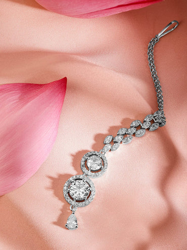 Rubans Rhodium Plated White Cubic Zirconia Maang Tikka Head Jewellery