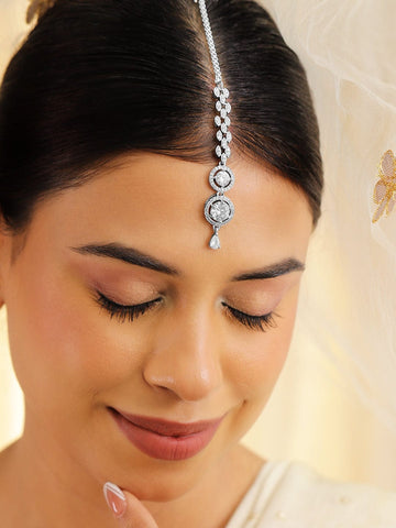 Rubans Rhodium Plated White Cubic Zirconia Maang Tikka Maang Tikka