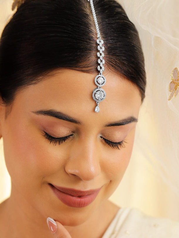 Rubans Rhodium Plated White Cubic Zirconia Maang Tikka Maang Tikka
