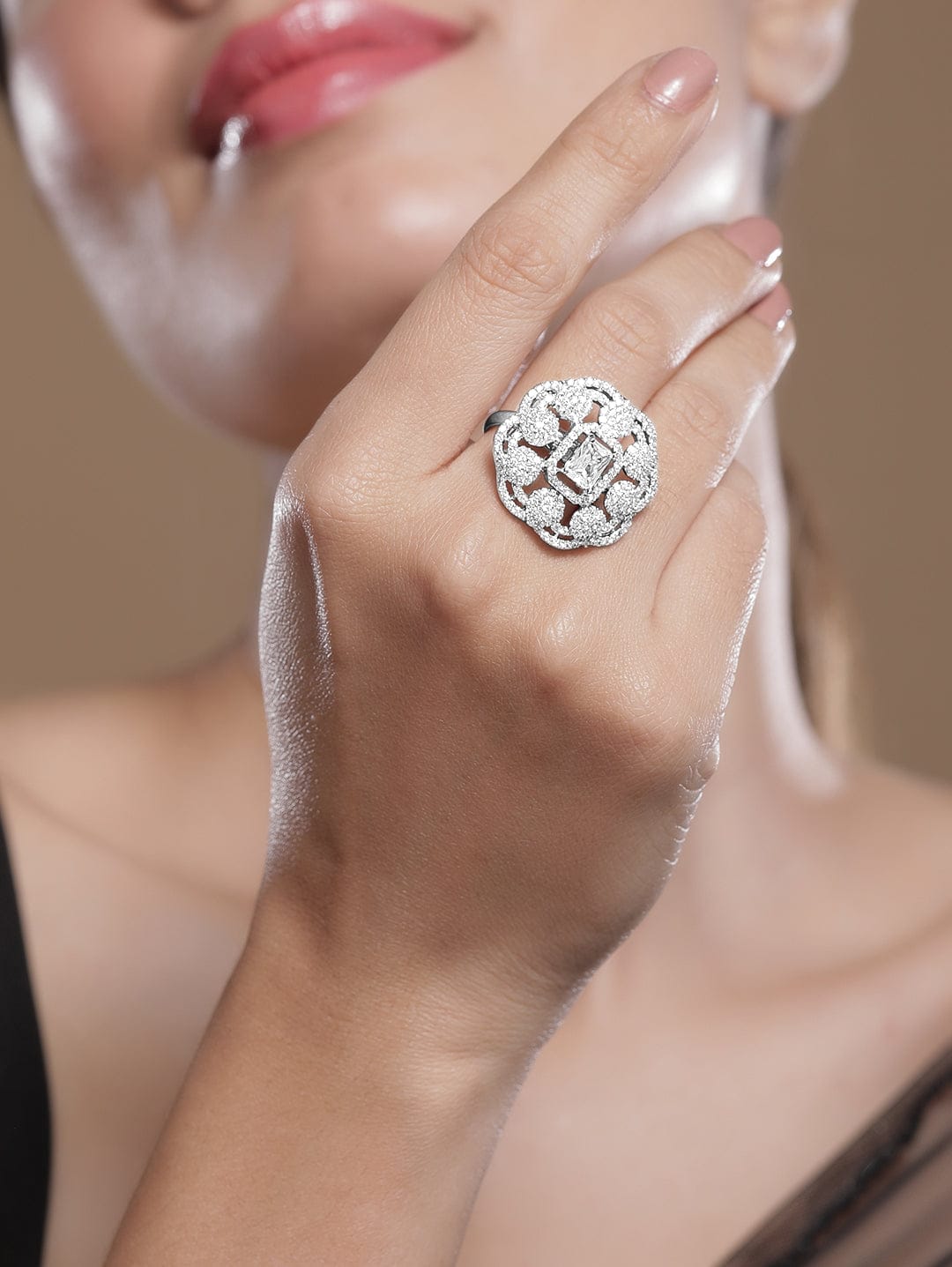 Rubans Rhodium-Plated White Cubic Zirconia Studded Adjustable Finger Ring Rings