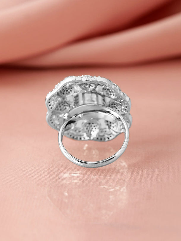 Rubans Rhodium-Plated White Cubic Zirconia Studded Adjustable Finger Ring Rings