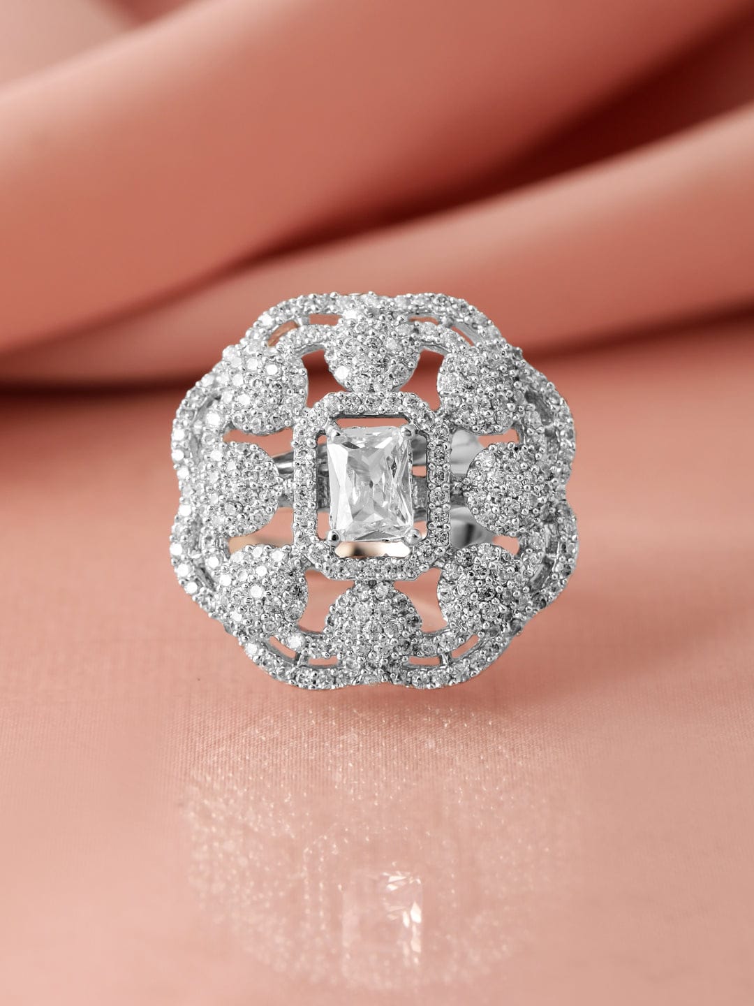 Rubans Rhodium-Plated White Cubic Zirconia Studded Adjustable Finger Ring Rings