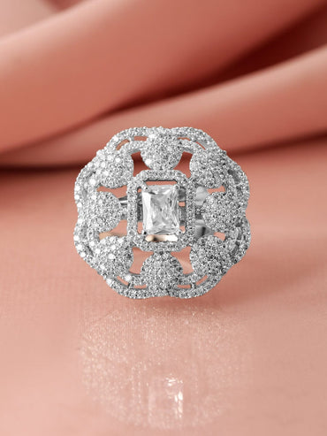 Rubans Rhodium-Plated White Cubic Zirconia Studded Adjustable Finger Ring Rings