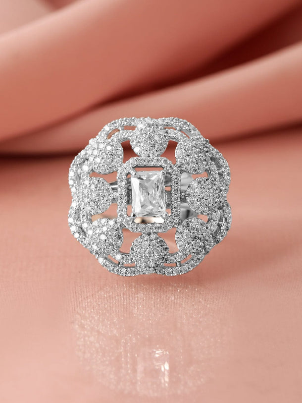 Rubans Rhodium-Plated White Cubic Zirconia Studded Adjustable Finger Ring Rings
