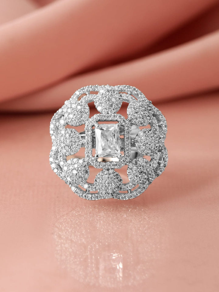 Rubans Rhodium-Plated White Cubic Zirconia Studded Adjustable Finger Ring Rings