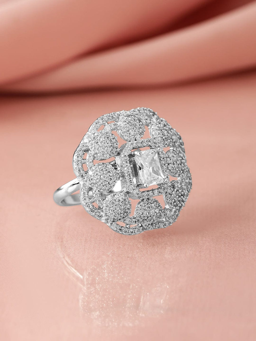 Rubans Rhodium-Plated White Cubic Zirconia Studded Adjustable Finger Ring Rings