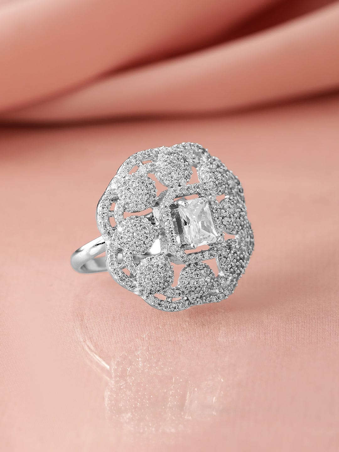 Rubans Rhodium-Plated White Cubic Zirconia Studded Adjustable Finger Ring Rings