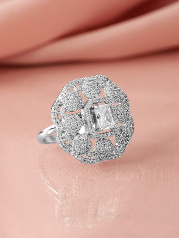 Rubans Rhodium-Plated White Cubic Zirconia Studded Adjustable Finger Ring Rings