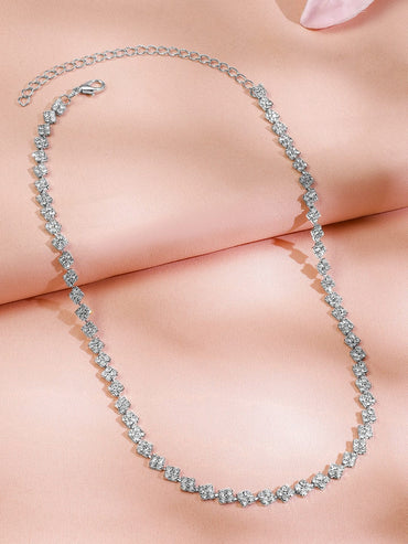 Rubans Rhodium-Plated White Cubic Zirconia Studded Classic Tennis Necklace Necklace & Chains