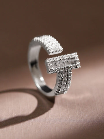 Rubans Rhodium Plated White Cubic Zirconia Studded Demi Fine Openable Adjustable Ring Finger Ring
