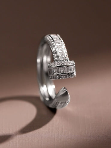 Rubans Rhodium Plated White Cubic Zirconia Studded Demi Fine Openable Adjustable Ring Finger Ring