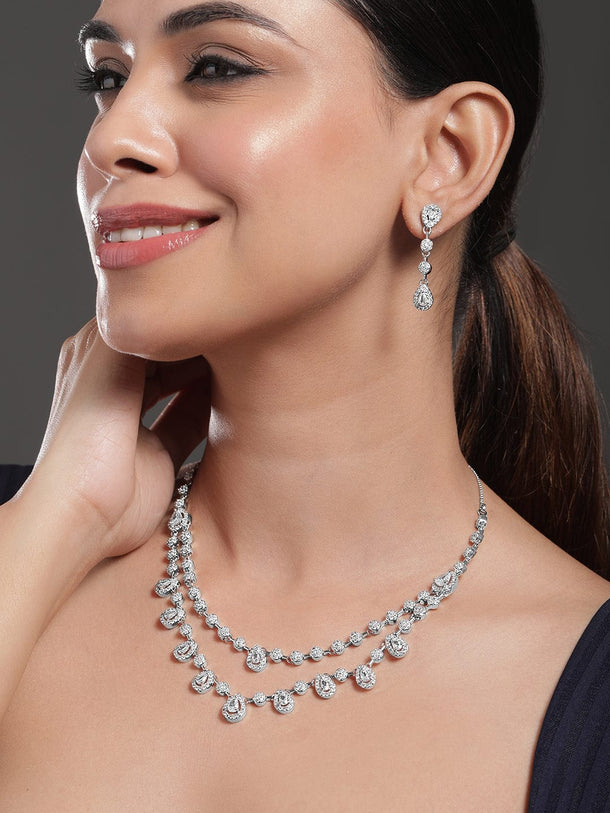 Rubans Rhodium-Plated White Cubic Zirconia Studded Double Layer Necklace Set Jewellery Set