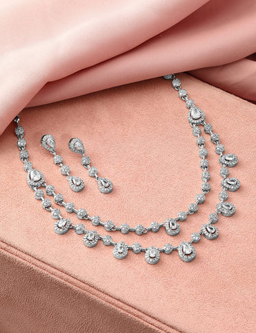 Rubans Rhodium-Plated White Cubic Zirconia Studded Double Layer Necklace Set Jewellery Set