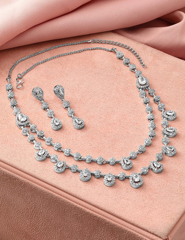 Rubans Rhodium-Plated White Cubic Zirconia Studded Double Layer Necklace Set Jewellery Set