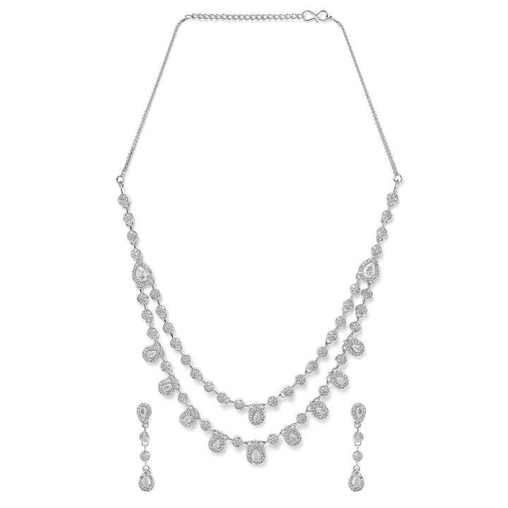 Rubans Rhodium-Plated White Cubic Zirconia Studded Double Layer Necklace Set Necklace Set