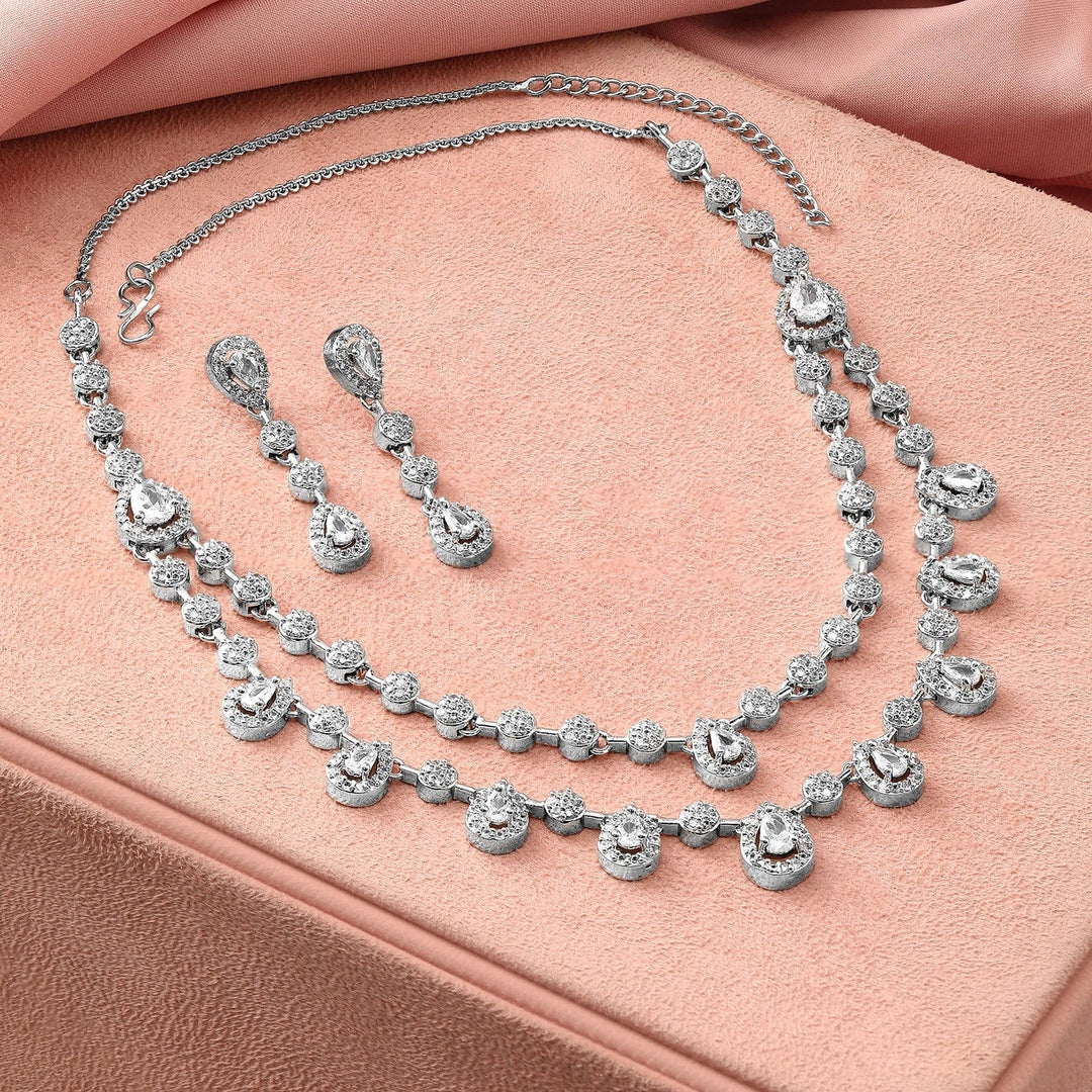 Rubans Rhodium-Plated White Cubic Zirconia Studded Double Layer Necklace Set Necklace Set