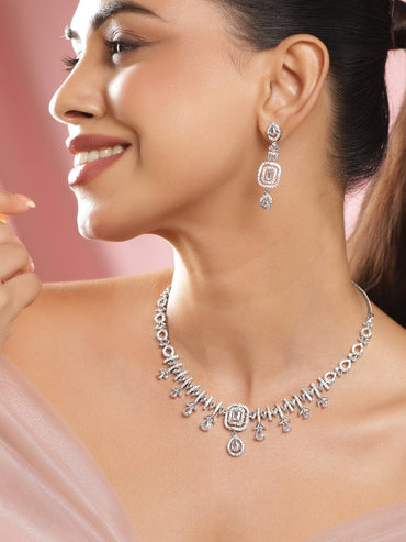 Rubans Rhodium-Plated White Cubic Zirconia Studded Elegant Necklace Set Jewellery Set