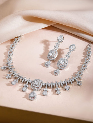 Rubans Rhodium-Plated White Cubic Zirconia Studded Elegant Necklace Set Jewellery Set