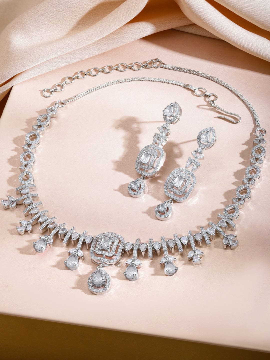 Rubans Rhodium-Plated White Cubic Zirconia Studded Elegant Necklace Set Jewellery Set