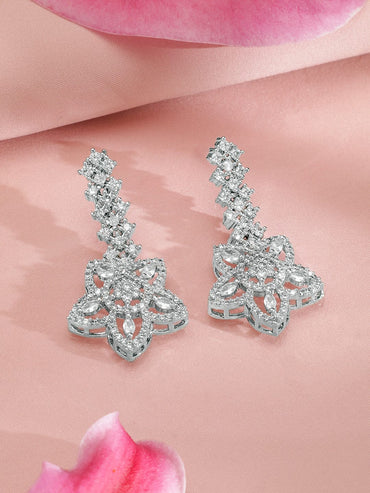 Rubans Rhodium-Plated White Cubic Zirconia Studded Floral Premium Jewellery Set Jewellery Set