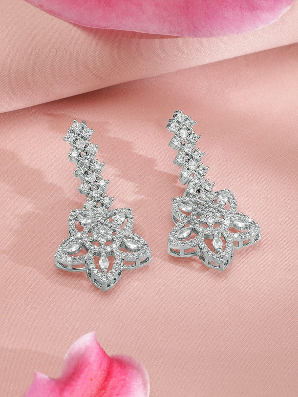 Rubans Rhodium-Plated White Cubic Zirconia Studded Floral Premium Jewellery Set Jewellery Set