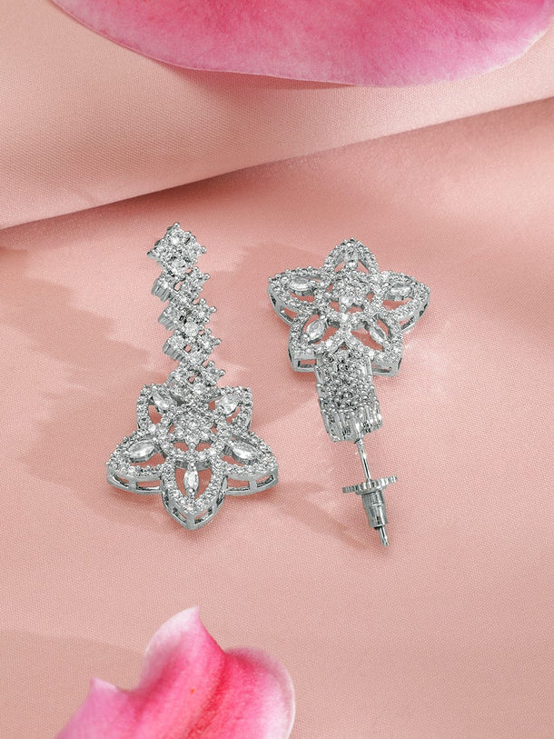 Rubans Rhodium-Plated White Cubic Zirconia Studded Floral Premium Jewellery Set Jewellery Set