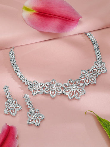 Rubans Rhodium-Plated White Cubic Zirconia Studded Floral Premium Jewellery Set Jewellery Set