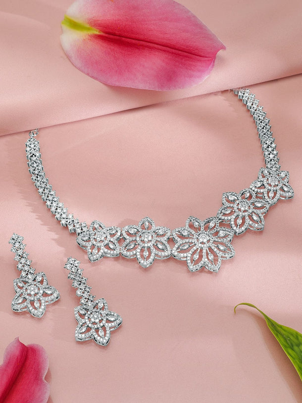 Rubans Rhodium-Plated White Cubic Zirconia Studded Floral Premium Jewellery Set Jewellery Set