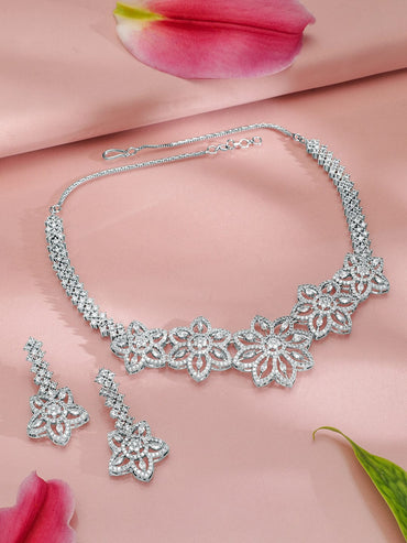 Rubans Rhodium-Plated White Cubic Zirconia Studded Floral Premium Jewellery Set Jewellery Set