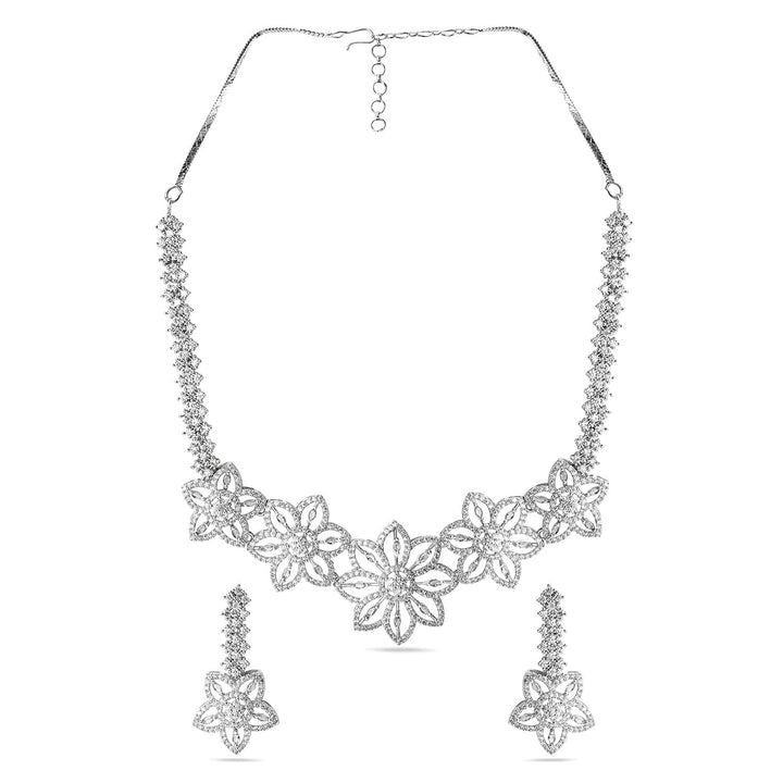 Rubans Rhodium-Plated White Cubic Zirconia Studded Floral Premium Jewellery Set Necklace set