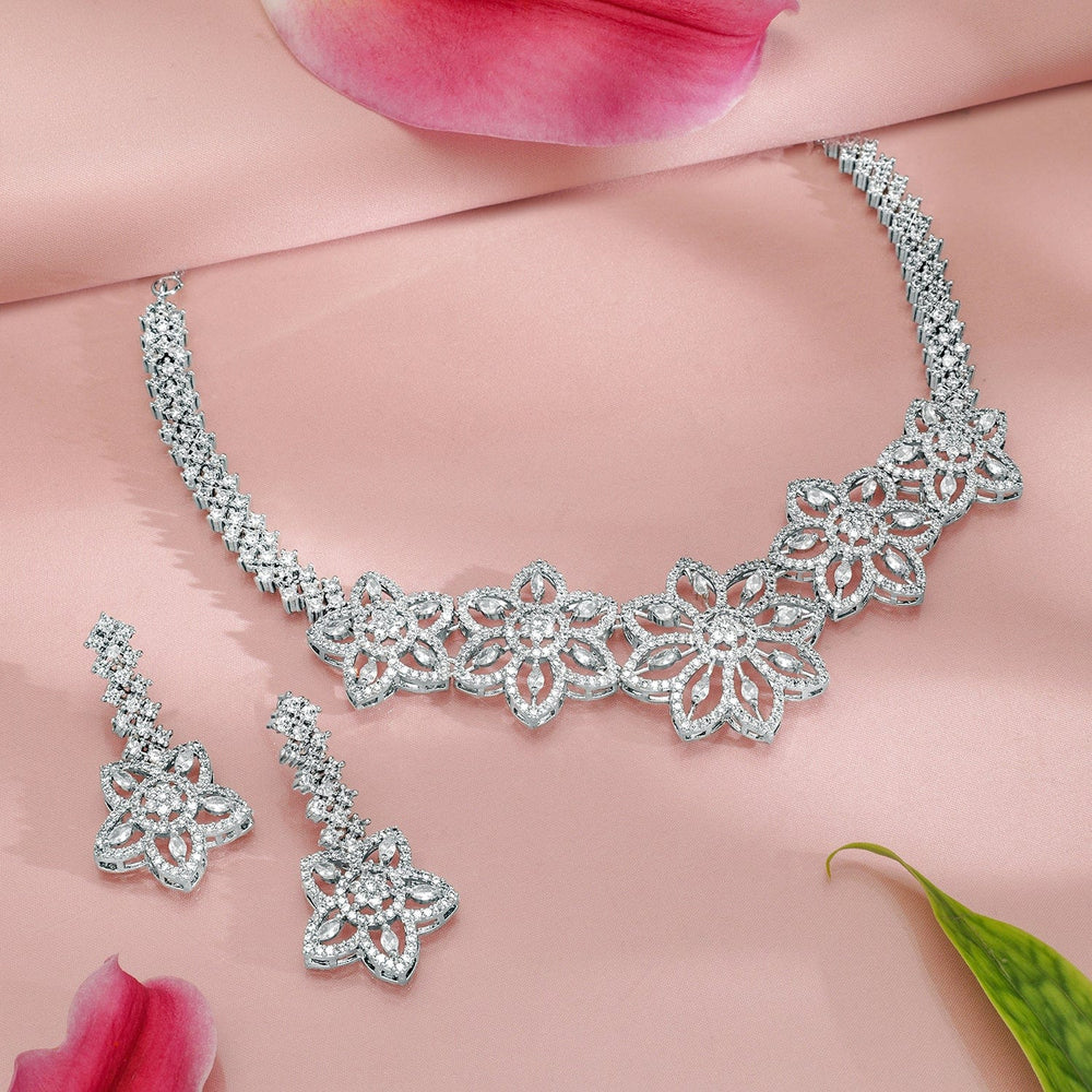 Rubans Rhodium-Plated White Cubic Zirconia Studded Floral Premium Jewellery Set Necklace set