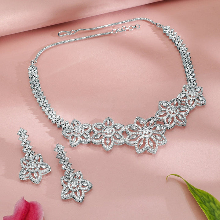 Rubans Rhodium-Plated White Cubic Zirconia Studded Floral Premium Jewellery Set Necklace set