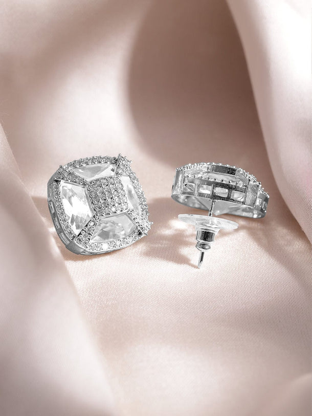 Rubans Rhodium-Plated White Cubic Zirconia Studded Geometric Stud Earrings Earrings