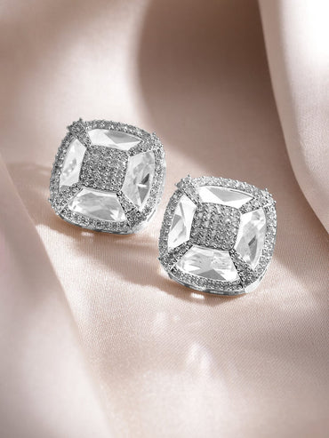 Rubans Rhodium-Plated White Cubic Zirconia Studded Geometric Stud Earrings Earrings