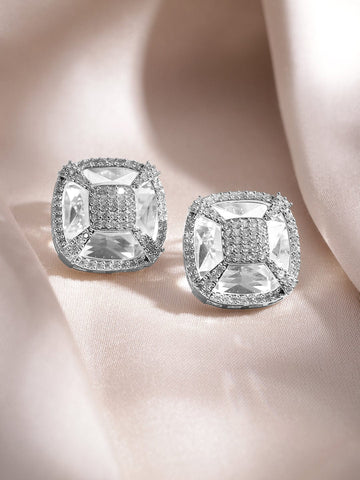 Rubans Rhodium-Plated White Cubic Zirconia Studded Geometric Stud Earrings Earrings