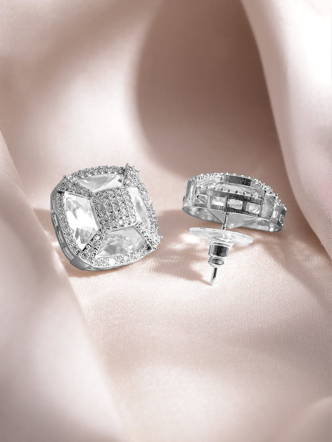 Rubans Rhodium-Plated White Cubic Zirconia Studded Geometric Stud Earrings Stud Earrings