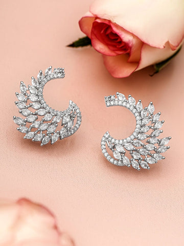 Rubans Rhodium Plated White Cubic Zirconia Studded Handcrafted Feather Shaped Statement Stud Earrings Earrings