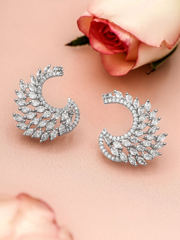 Rubans Rhodium Plated White Cubic Zirconia Studded Handcrafted Feather Shaped Statement Stud Earrings Earrings