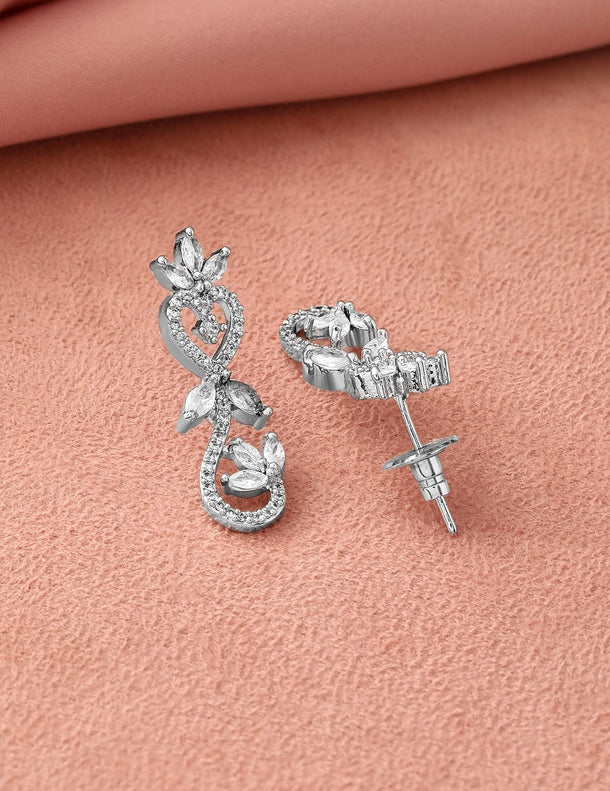 Rubans Rhodium-Plated White Cubic Zirconia Studded Leaf Motif Necklace Set Jewellery Set