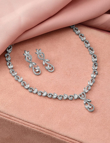 Rubans Rhodium-Plated White Cubic Zirconia Studded Leaf Motif Necklace Set Jewellery Set
