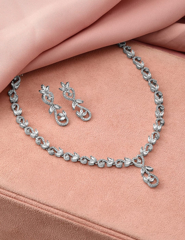 Rubans Rhodium-Plated White Cubic Zirconia Studded Leaf Motif Necklace Set Jewellery Set