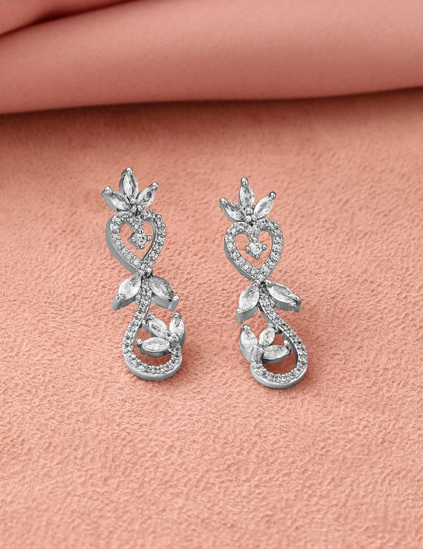 Rubans Rhodium-Plated White Cubic Zirconia Studded Leaf Motif Necklace Set Jewellery Set