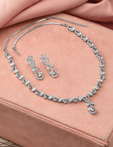 Rubans Rhodium-Plated White Cubic Zirconia Studded Leaf Motif Necklace Set Jewellery Set