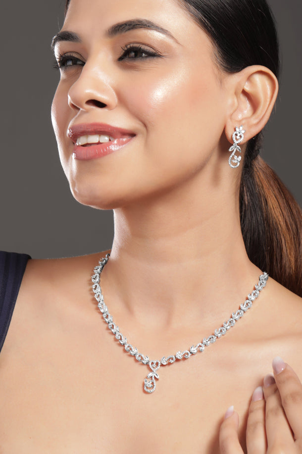 Rubans Rhodium-Plated White Cubic Zirconia Studded Leaf Motif Necklace Set Necklace Set